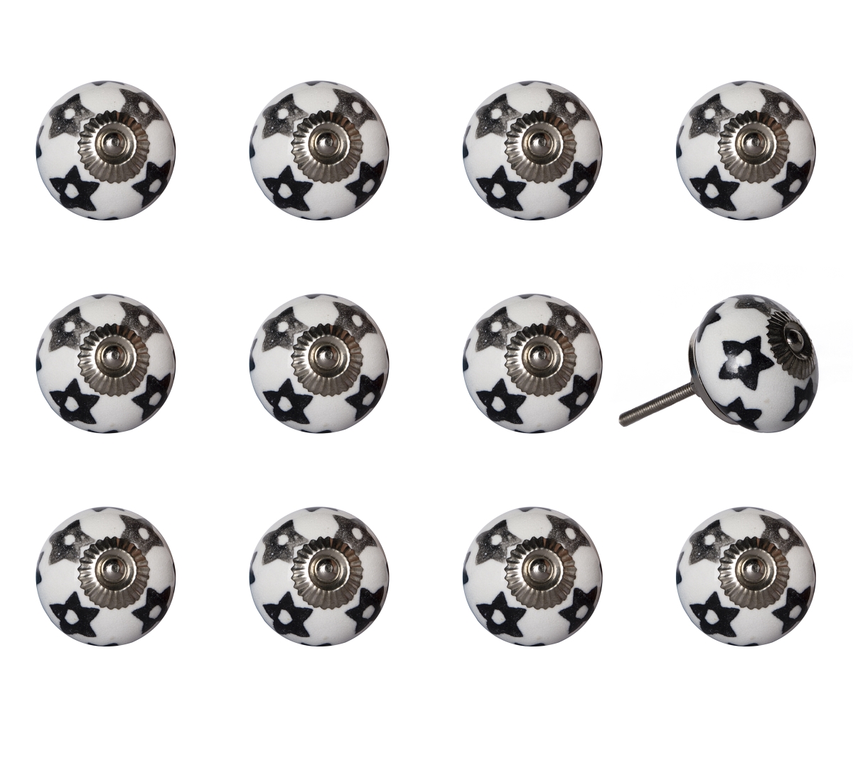 Vintage Hand Painted Ceramic Mushroom Knob Set - White & Black - Pack of 12