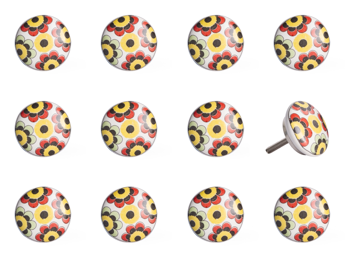 Vintage Hand Painted Ceramic Floral Knob Set - Yellow & Blue - Pack of 12