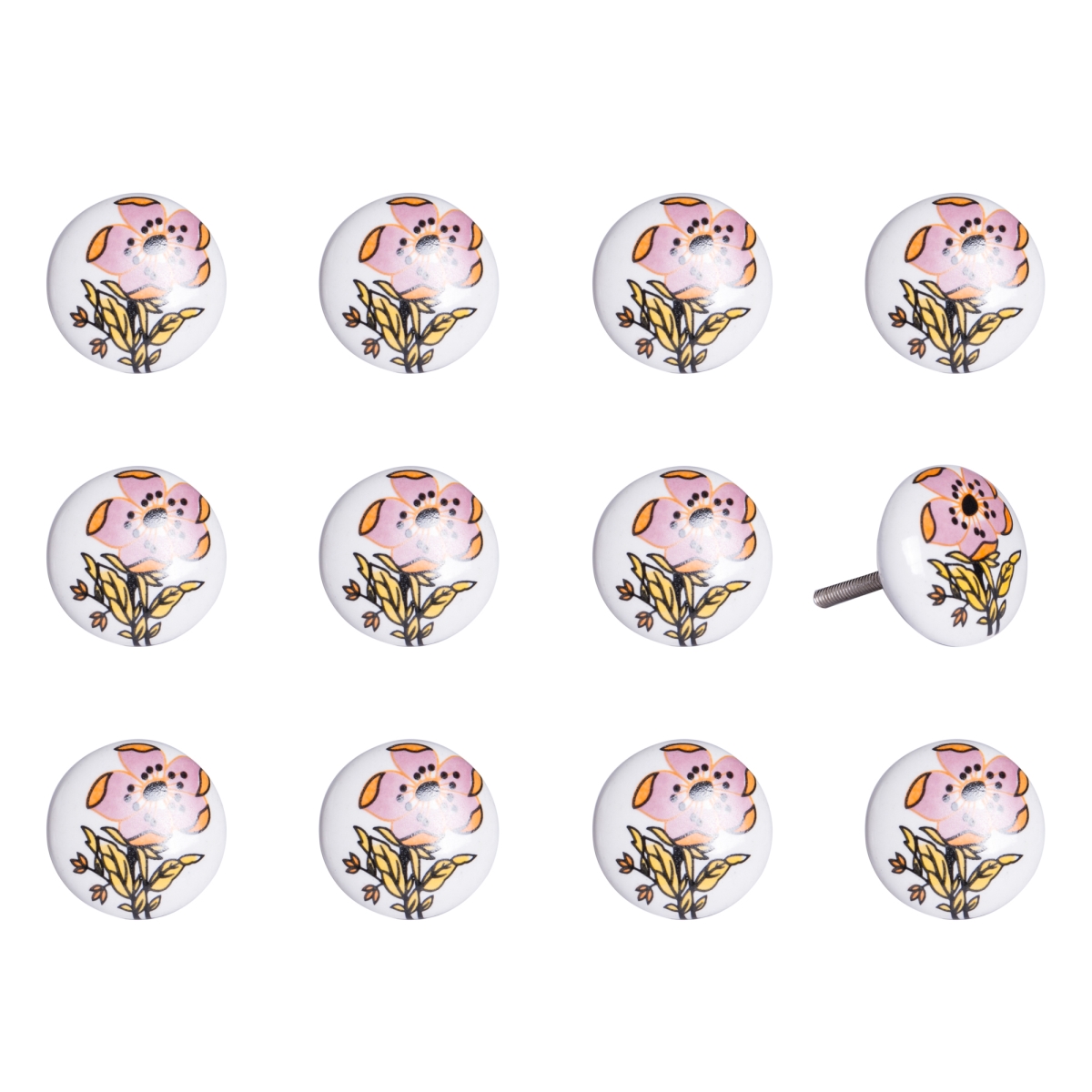 676685032768 Vintage Hand Painted Round Knob Set - White & Yellow - Pack of 12