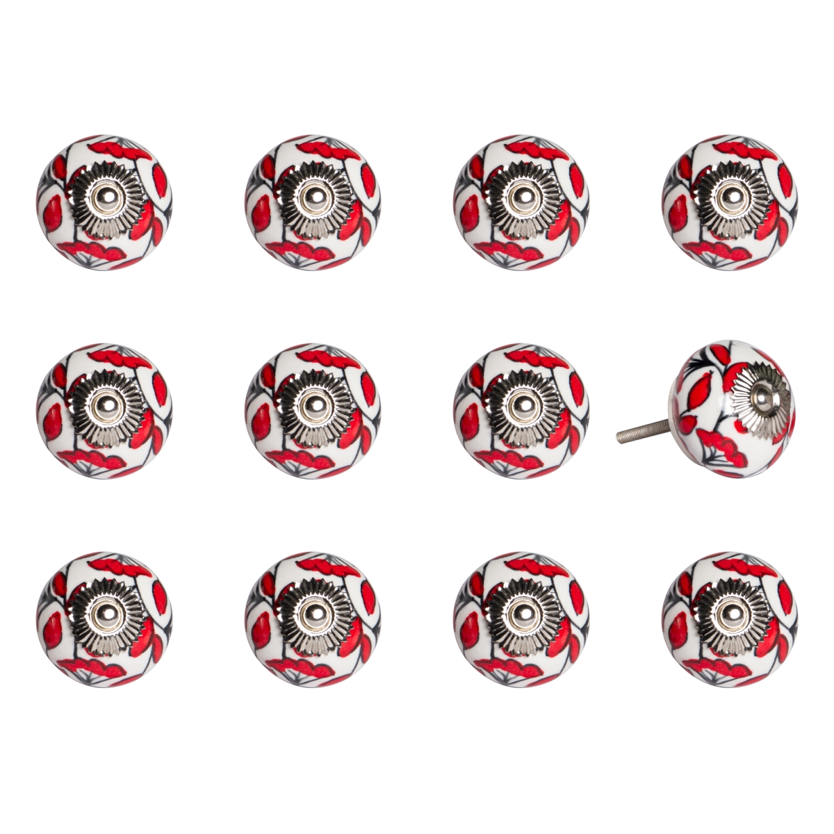 Vintage Hand Painted Ceramic Flower Knob Set - White & Red - Pack of 12