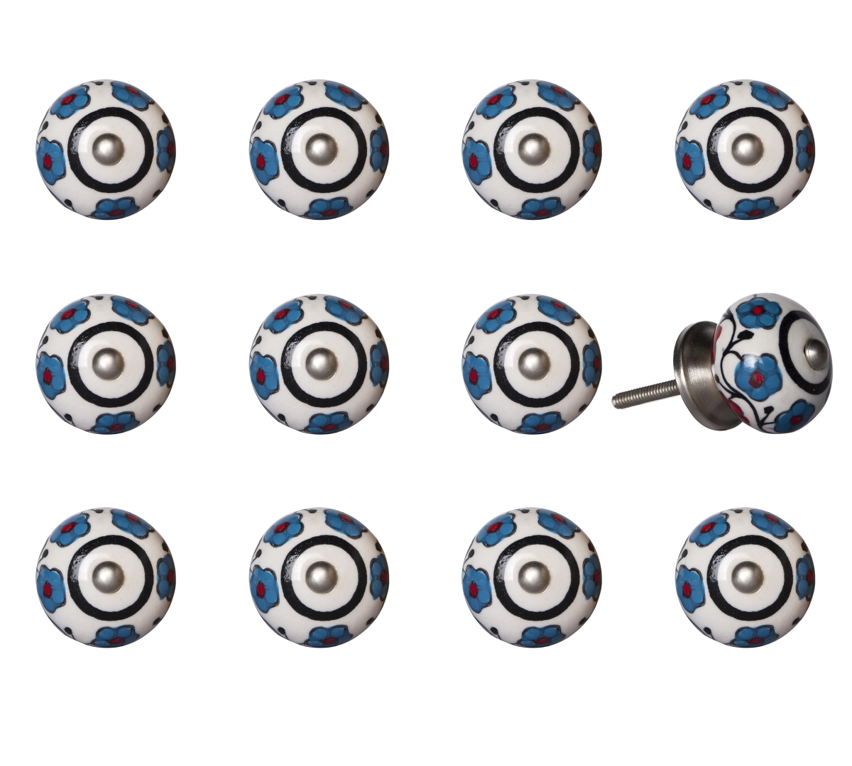 676685033000 Vintage Hand Painted Round Knob Set - White, Blue & Black - Pack of 12