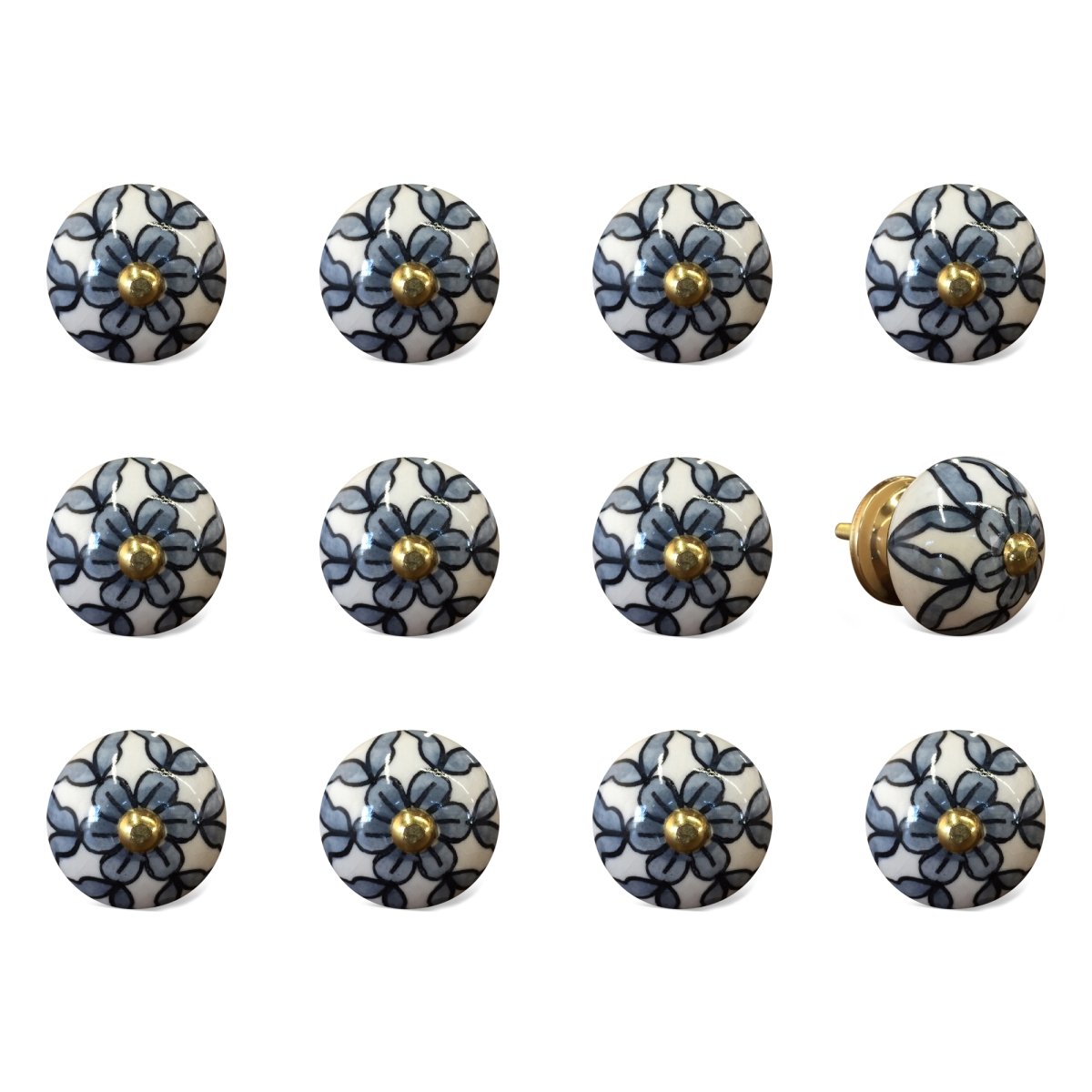676685033154 Vintage Ceramic Hand Painted Round Knob Set - White & Navy - Pack of 12