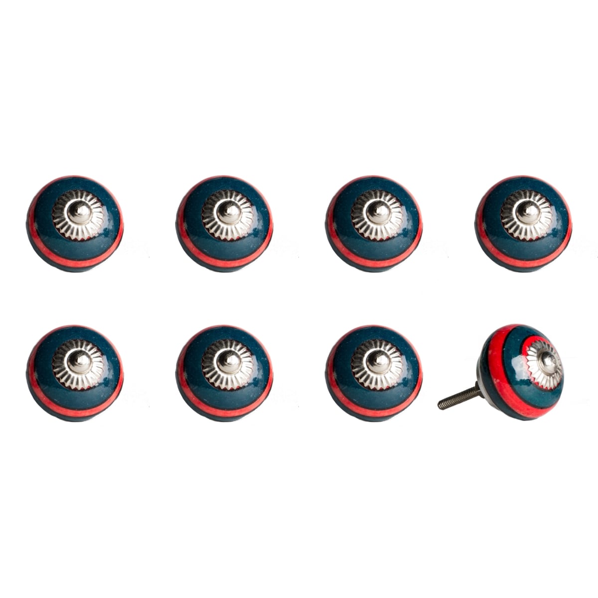 Vintage Hand Painted Ceramic Round Knob Set - Navy & Red - Pack of 8