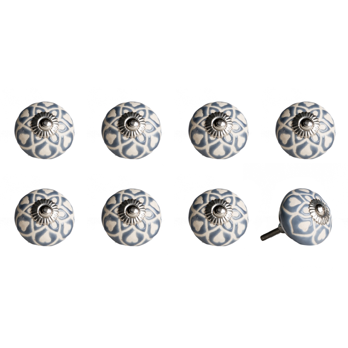 Vintage Hand Painted Ceramic Round Knob Set - Grey & Cream - Pack of 8