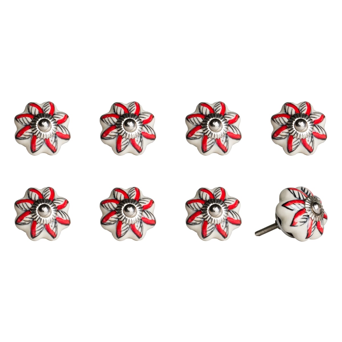 Vintage Hand Painted Ceramic Flower Knob Set - White & Red - Pack of 8