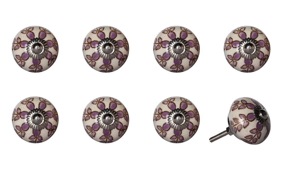 Vintage Hand Painted Ceramic Round Knob Set - White & Pink - Pack of 8