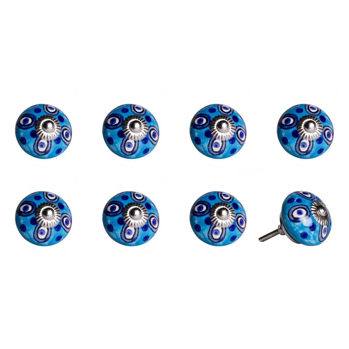 Vintage Hand Painted Ceramic Round Knob Set - Blue - Pack of 8