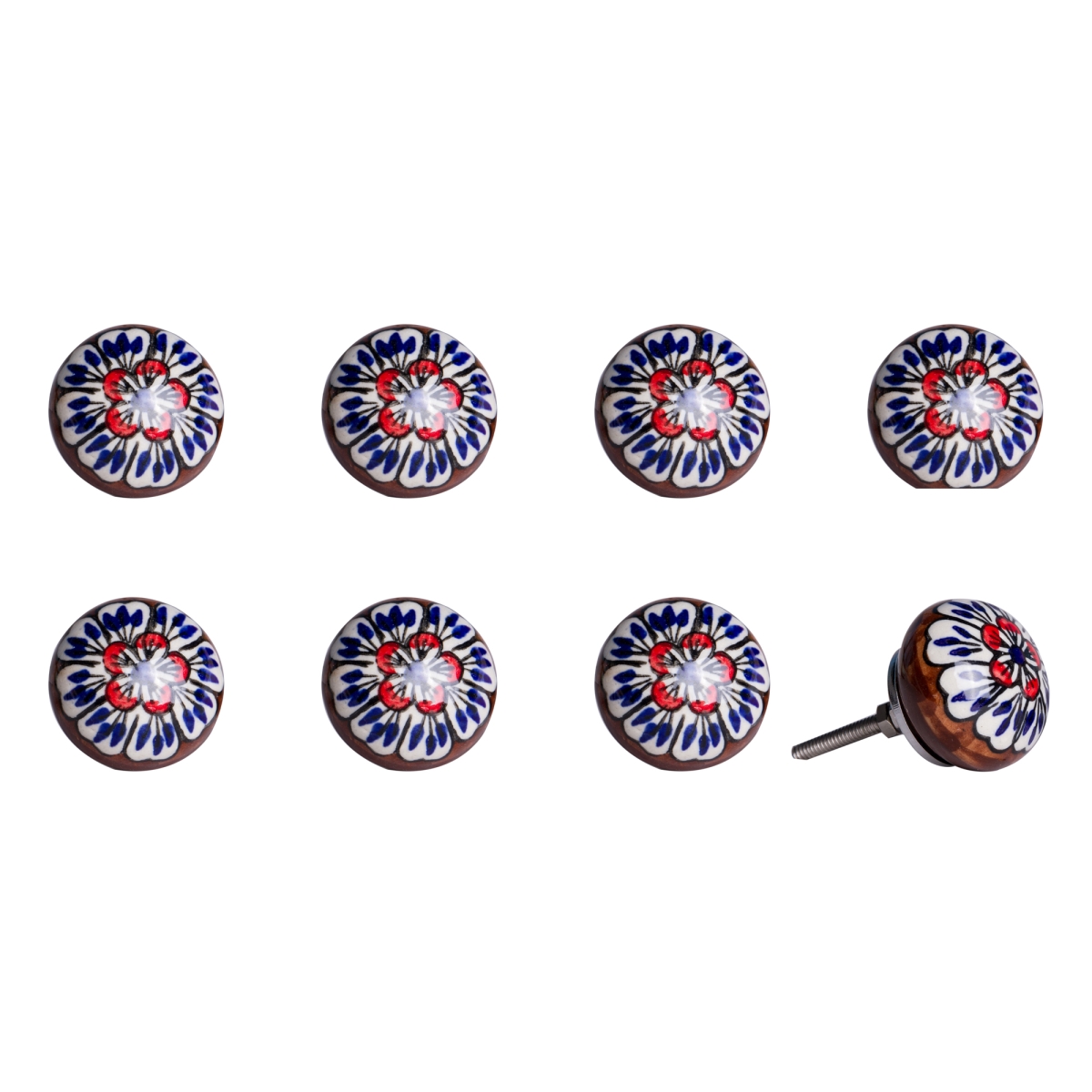 Vintage Hand Painted Ceramic Knob Set - White, Blue & Red - Pack of 8