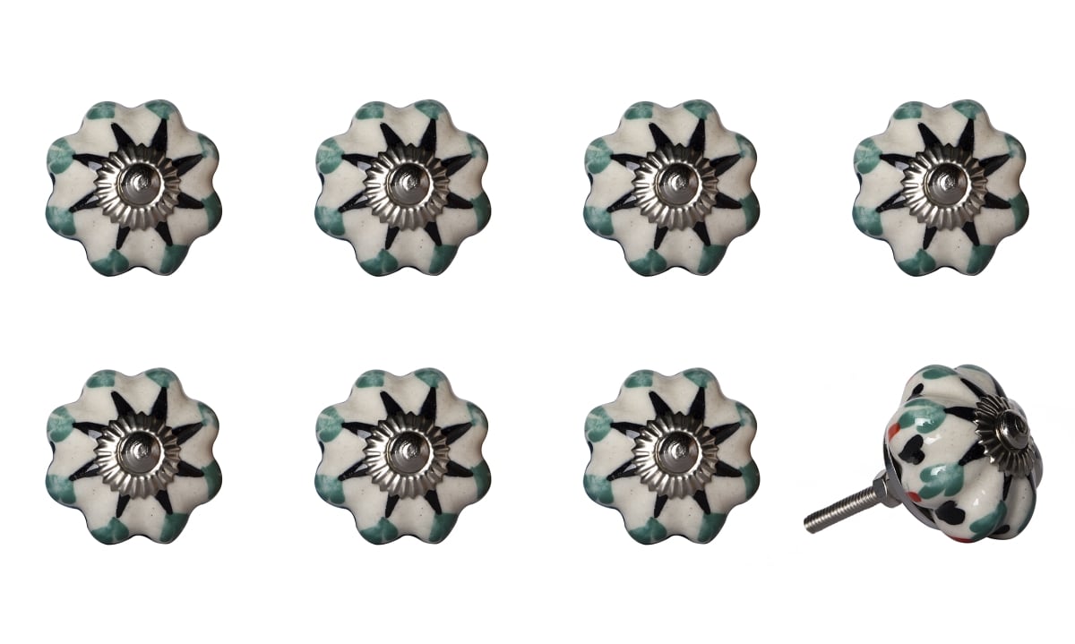 Vintage Hand Painted Ceramic Round Knob Set - White & Green - Pack of 8