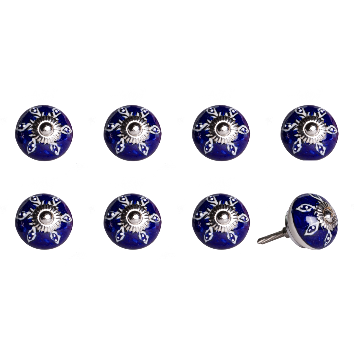 Vintage Hand Painted Ceramic Round Knob Set - Navy & White - Pack of 8