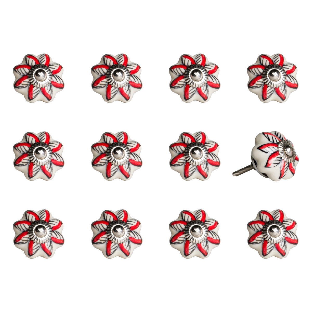 Vintage Ceramic Hand Painted Knob Set - Red & White - Pack of 12