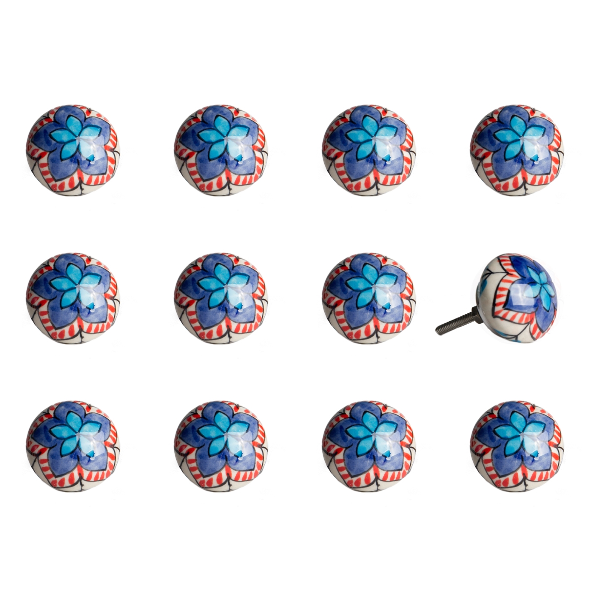 Vintage Ceramic Hand Painted Knob Set - Blue & Red - Pack of 12
