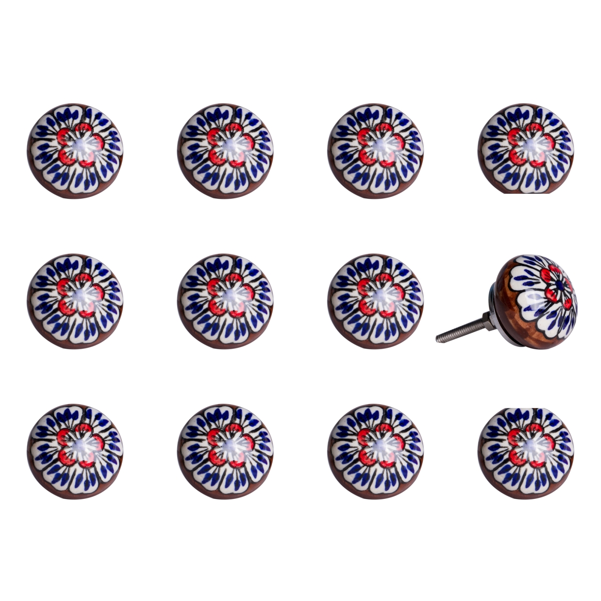 Vintage Ceramic Hand Painted Knob Set - Blue & Red - Pack of 12