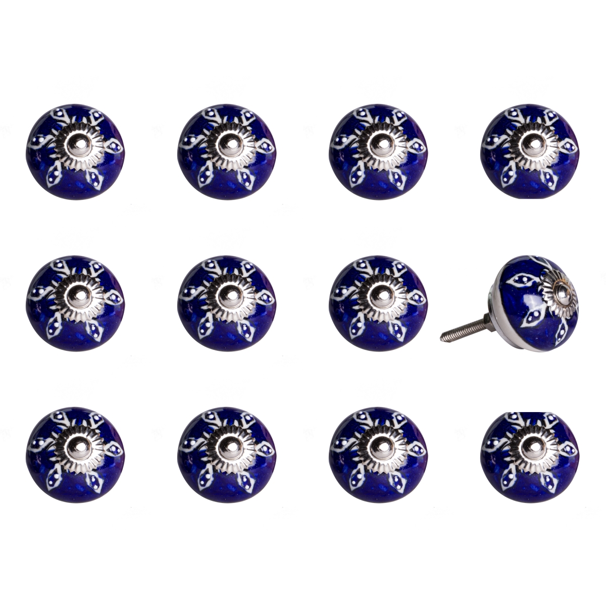 Vintage Hand Painted Ceramic Round Knob Set - Navy & White - Pack of 12