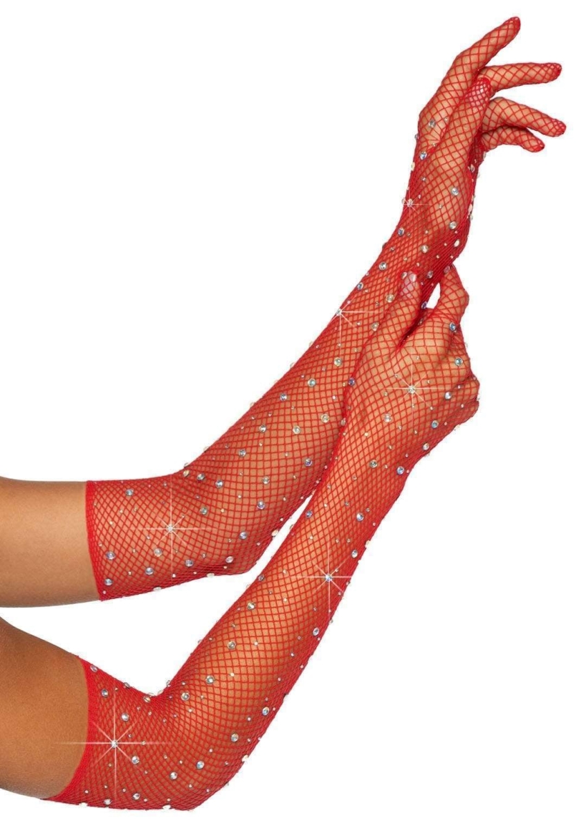 Picture of LegAvenue 2038 00322 Bling Ring Rhinestone Fishnet Gloves&#44; Red - One Size