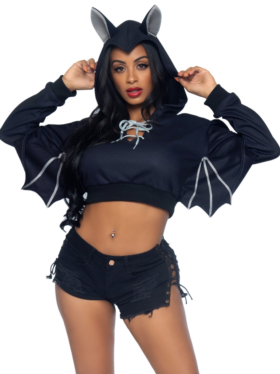 87078 00106 Bat Cropped Hoodie with Wings, Black - Medium & Large