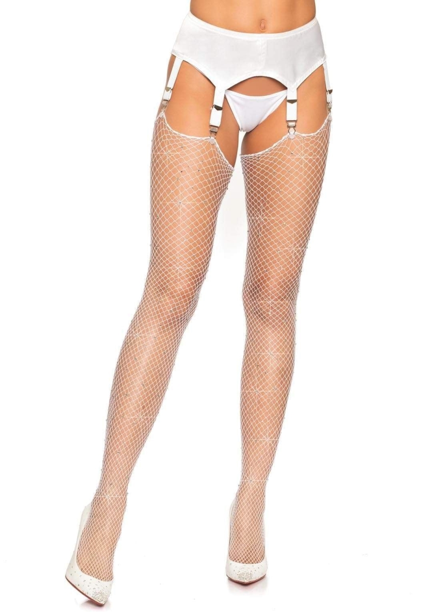 9124 00222 Sandra Rhinestone Fishnet Stockings, White - One Size