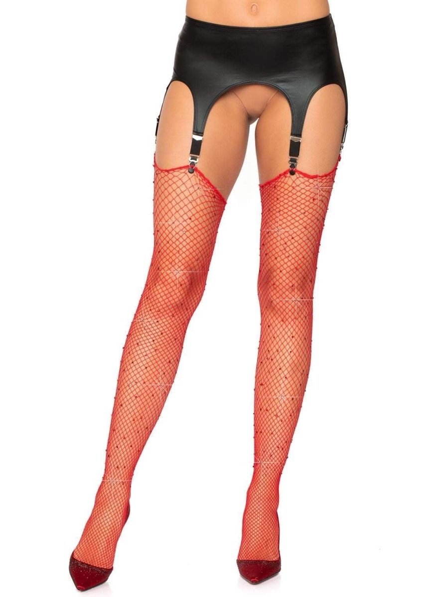 9124 00322 Sandra Rhinestone Fishnet Stockings, Red - One Size