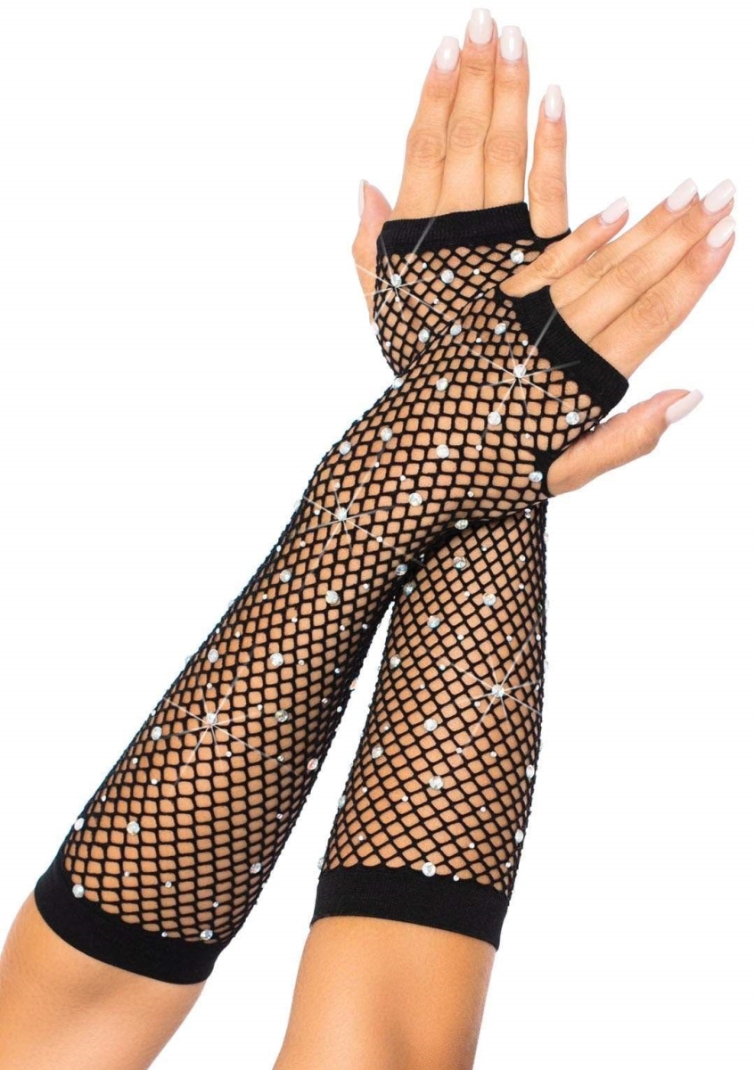 Picture of Leg Avenue 2037 00122 Womens Rhinestone Fishnet Arm Warmers Gloves, Black - One Size Fits Most