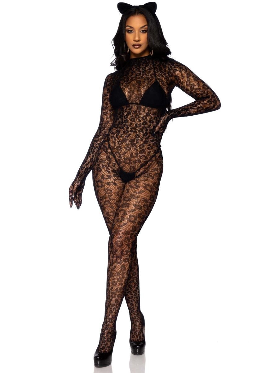 89891 00122 Womens Seamless Leopard Net Gloved Catsuit, Black - One Size Fits Most