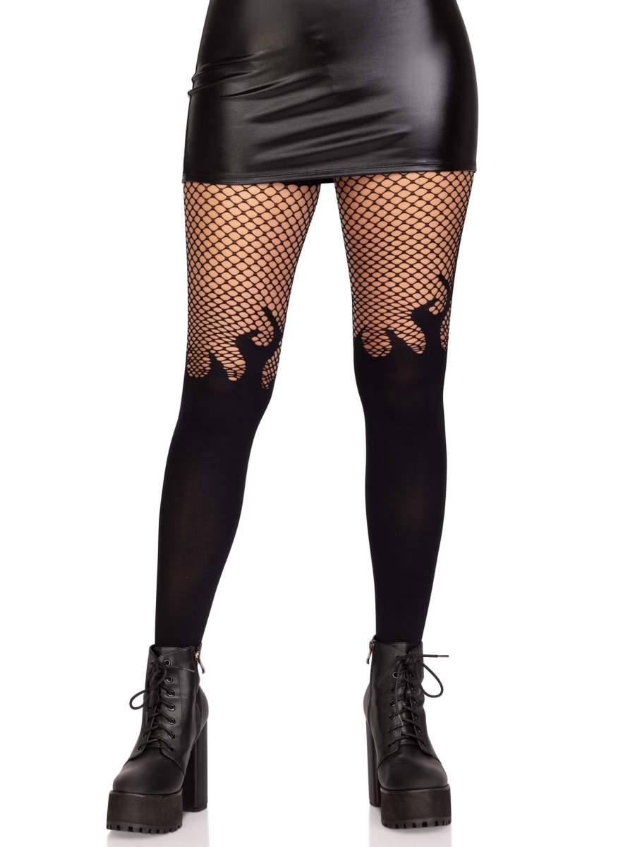 Picture of Leg Avenue 9729 00122 Womens Opaque Flame Tights with Fishnet Top, Black - One Size Fits Most