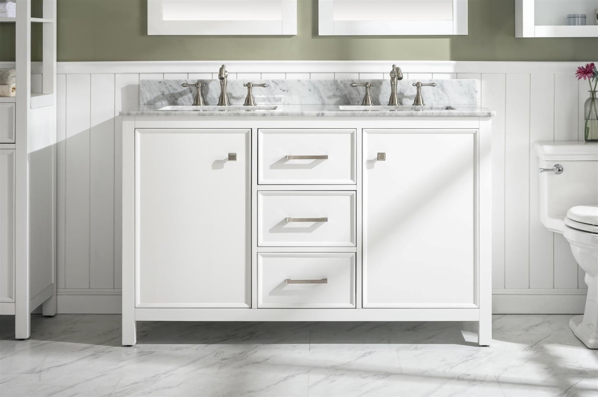 54 in. White Finish Double Sink Vanity Cabinet with Carrara Top