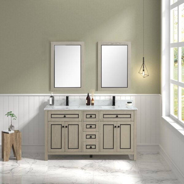 WV2260-O 60 in. Light Oak Finish Sink Vanity Cabinet with Carrara White Top