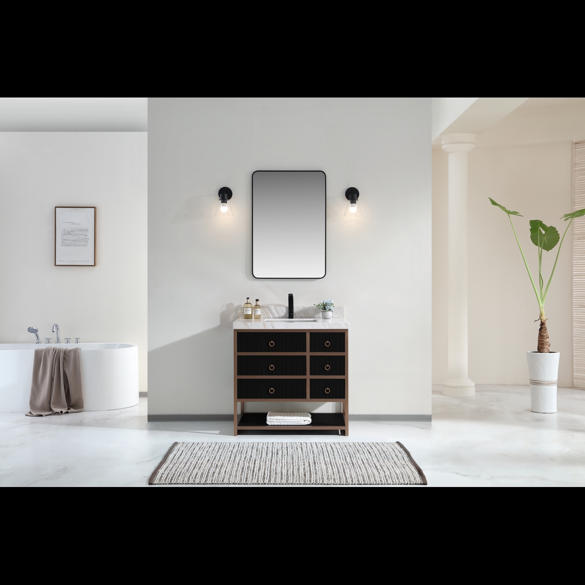 WK2438-36-BG-WITH WHITE NATURAL TOP 36 in. Golden Brush Stainless Steel Frame & Tricorn Black Finish Vanity, 2 ft. Thick White Natual Stone Top