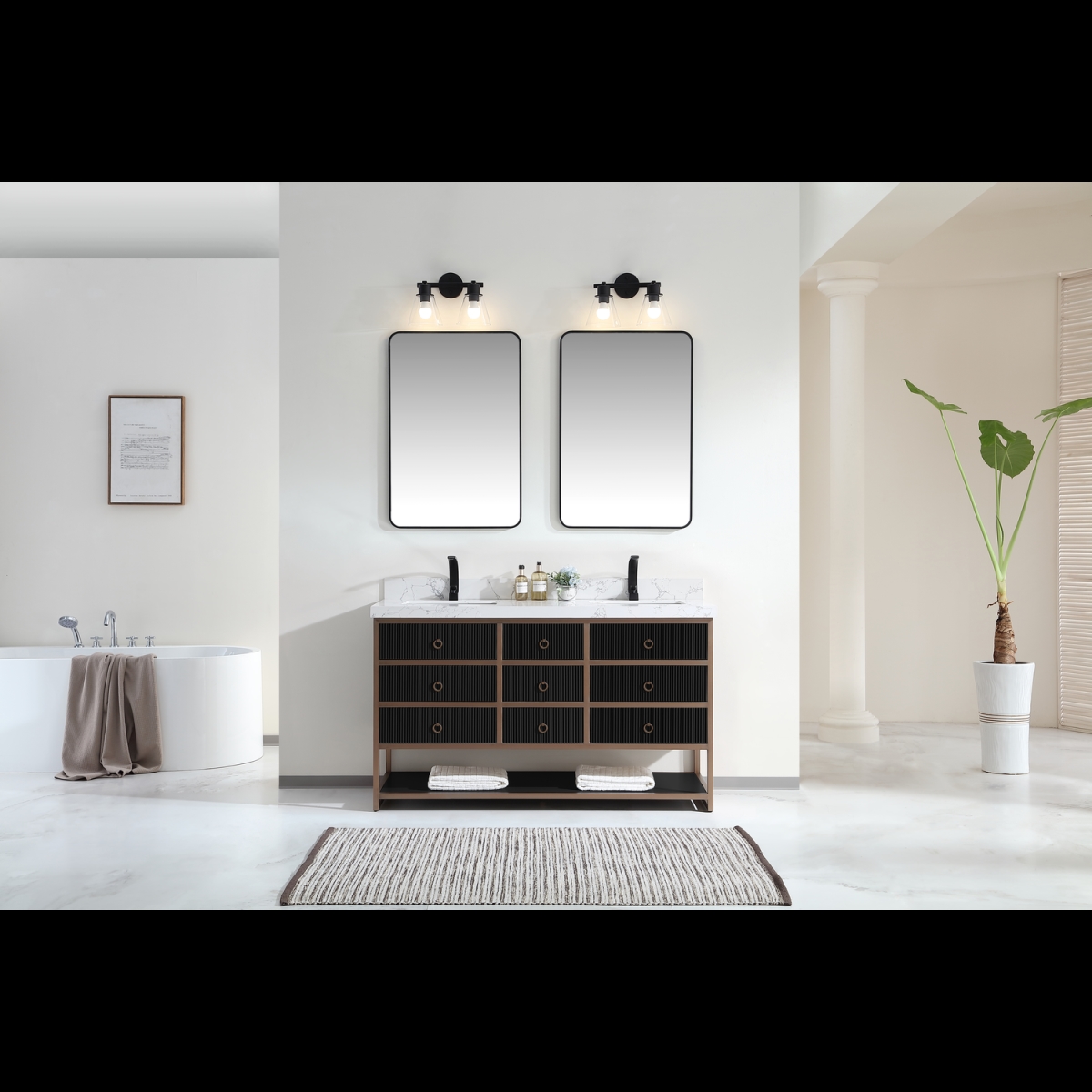 60 in. Golden Brush Stainless Steel Frame & Tricorn Black Finish Double Vanity, 2 ft. Thick White Artificial Stone Top