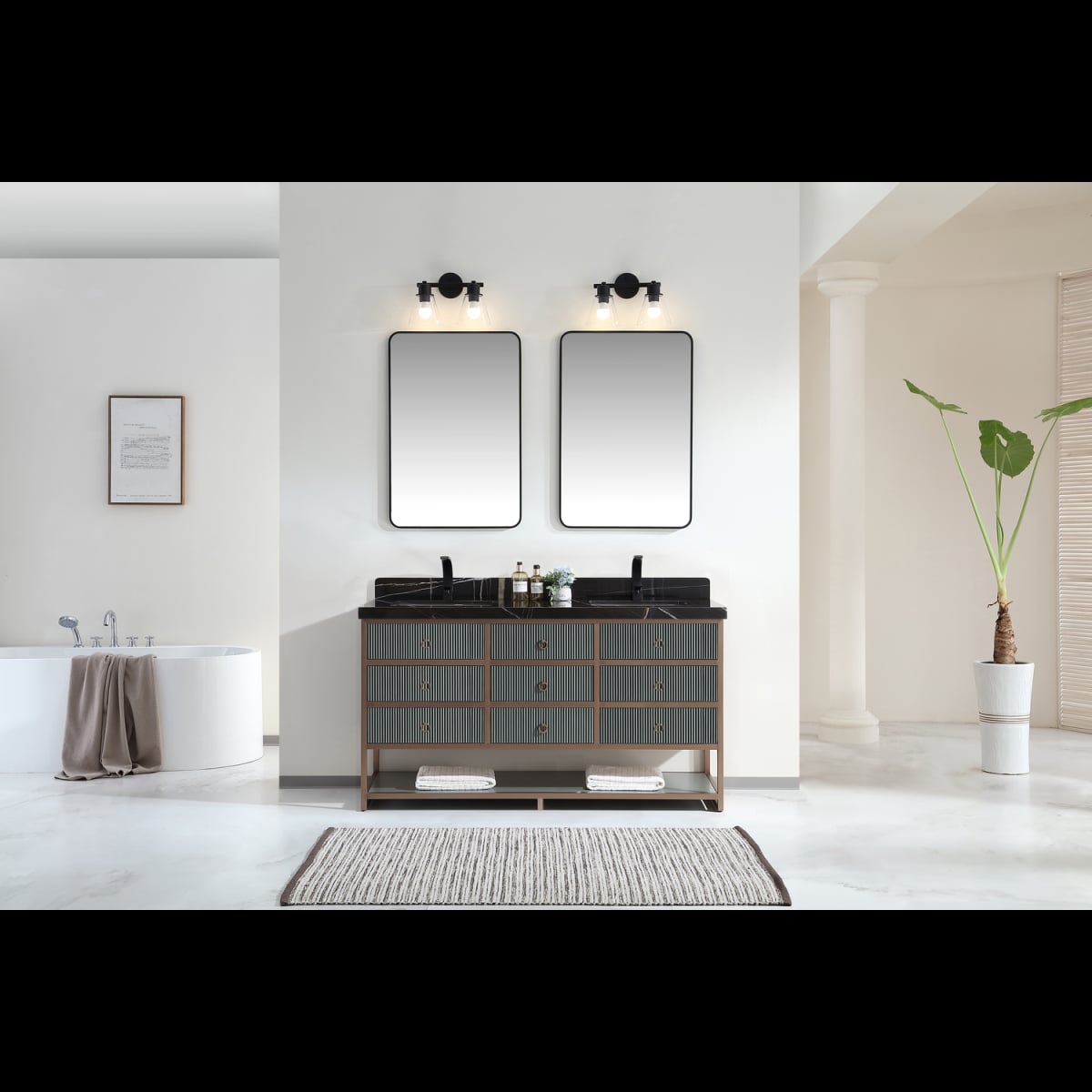 72 in. Golden Brush Stainless Steel Frame & Pewter Green Finish Double Vanity, 2 in. Thick Black Natual Stone Top