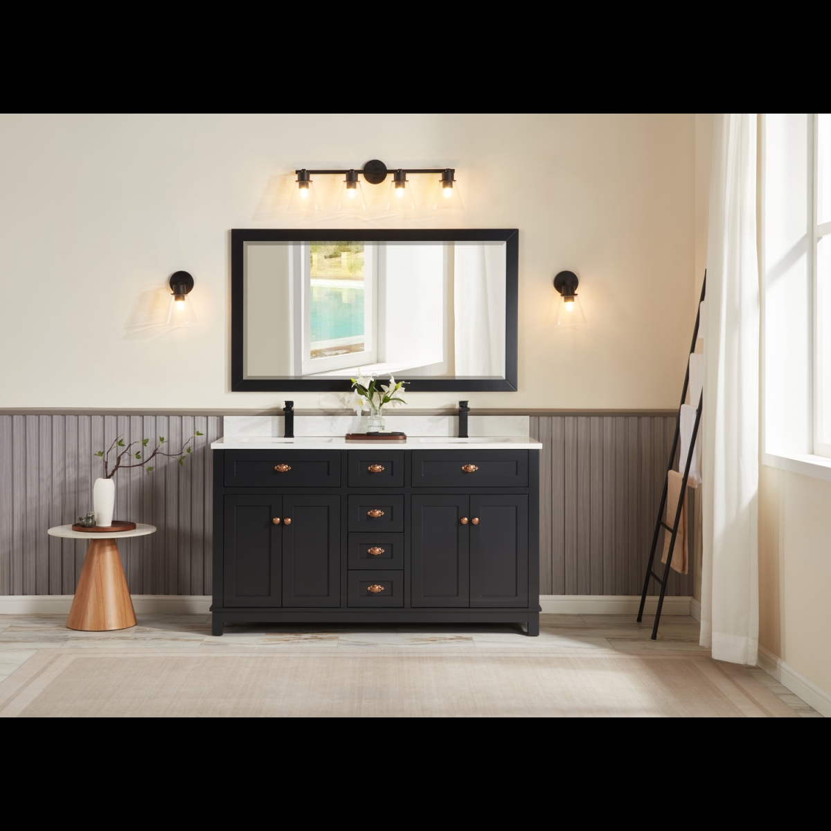 WS2515-60-TB 60 in. Tricorn Black Finish Solid Wood Sink Vanity, 1 ft. Artificial Stone Top