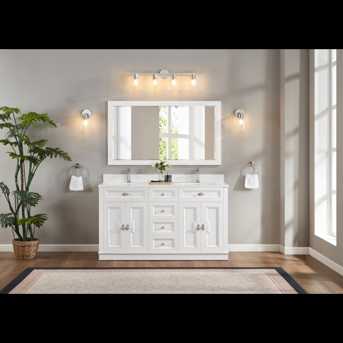 WS2516-60-W 60 in. White Finish Solid Wood Sink Vanity, 1 in. Artificial Stone Top
