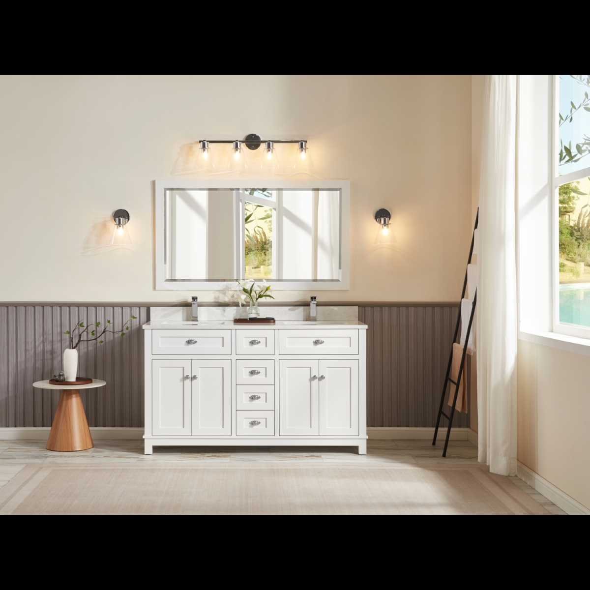 WS2515-60-W 60 in. White Finish Solid Wood Sink Vanity, 1 in. Artificial Stone Top
