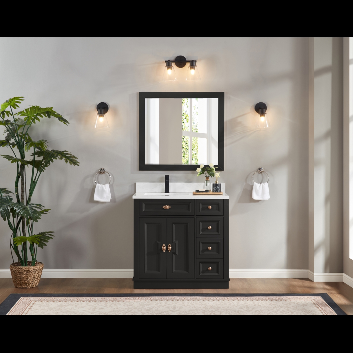 WS2516-36-TB 36 in. Tricorn Black Finish Solid Wood Sink Vanity, 1 ft. Artificial Stone Top