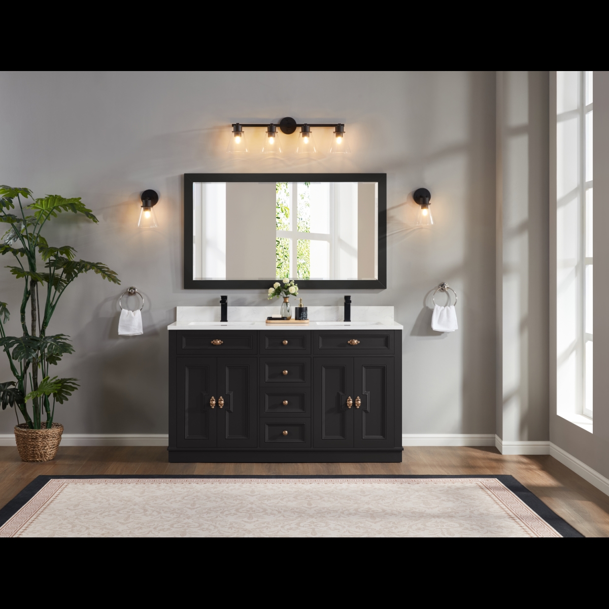 WS2516-60-TB 60 in. Tricorn Black Finish Solid Wood Sink Vanity, 1 ft. Artificial Stone Top
