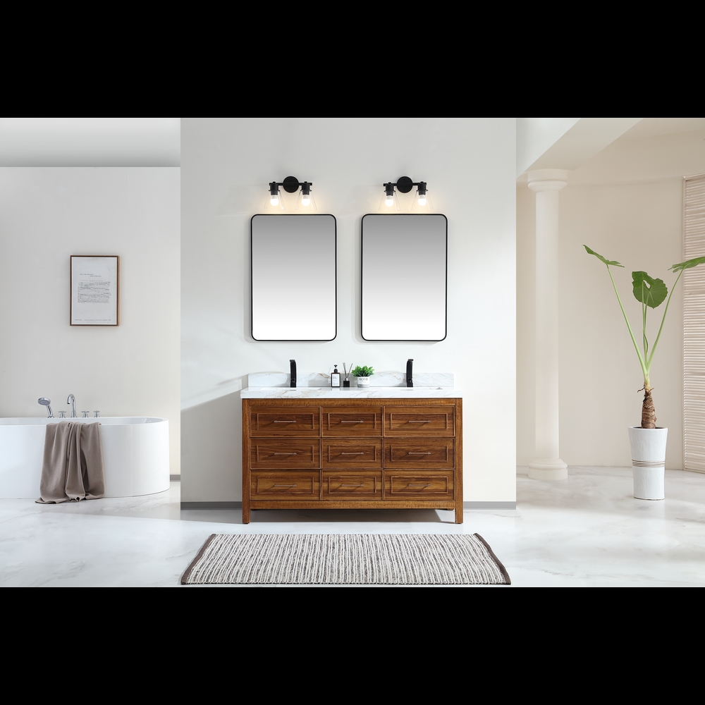 WK2428-60D-EW WITH WHITE NATURAL TOP 60 in. Ebony Light Finish Double Sink Vanity, Top 2 in. Thick White Natural Top