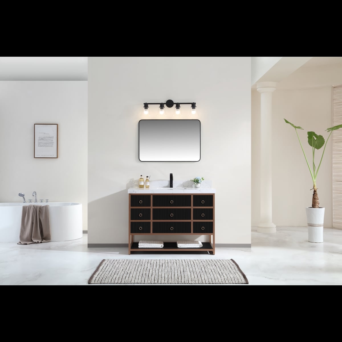 48 in. Golden Brush Stainless Steel Frame & Tricorn Black Finish Vanity, 2 ft. Thick White Artificial Stone Top