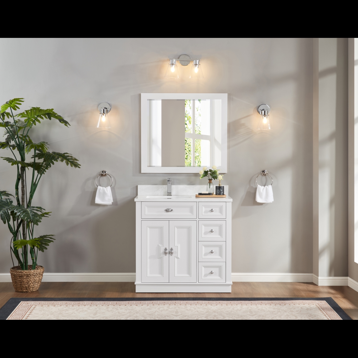 WS2516-36-W 36 in. White Finish Solid Wood Sink Vanity, 1 in. Artificial Stone Top