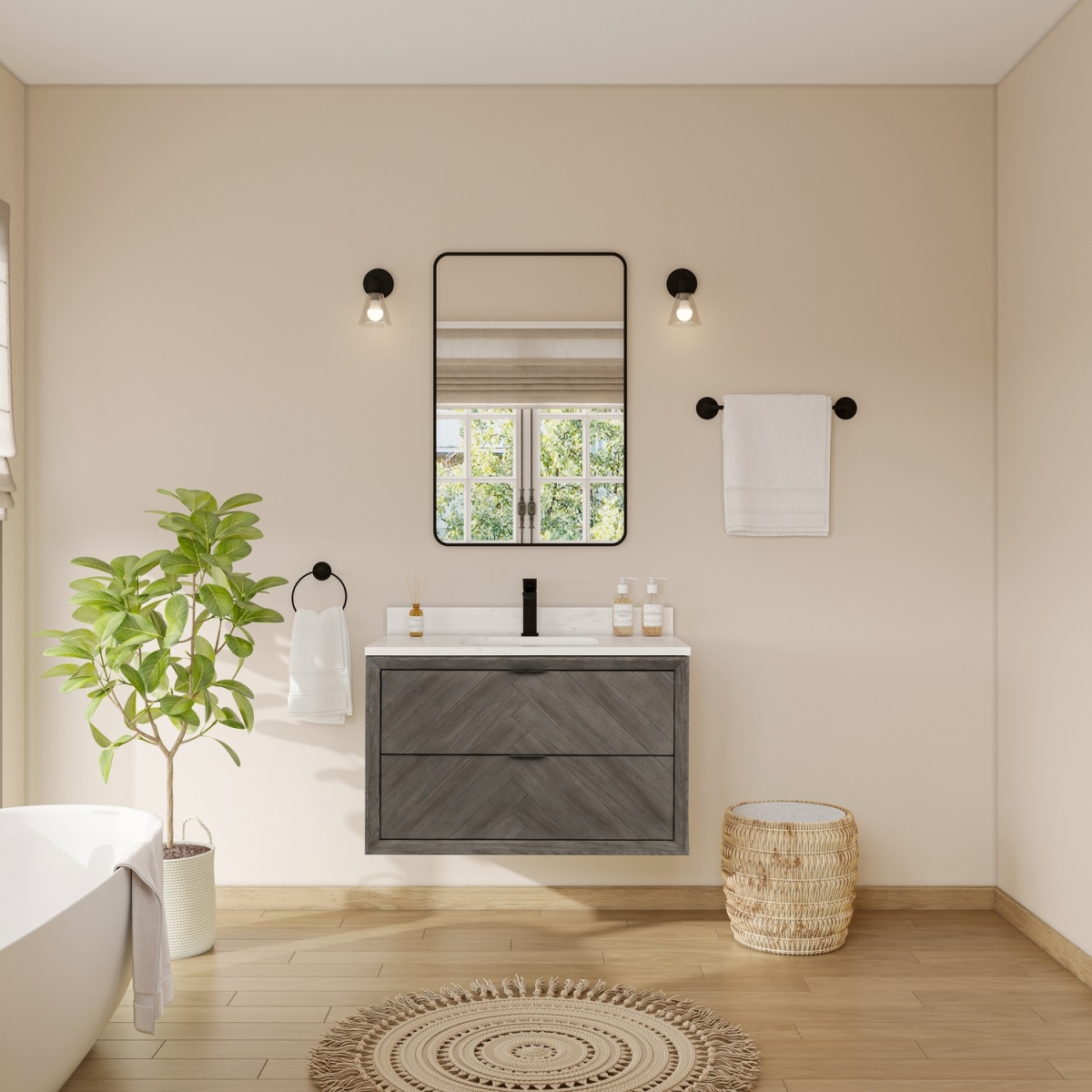 WH2636-GO 36 x 35 in. Sink Vanity with Gray Oak & 1 in. Thick White Artificial Stone Top