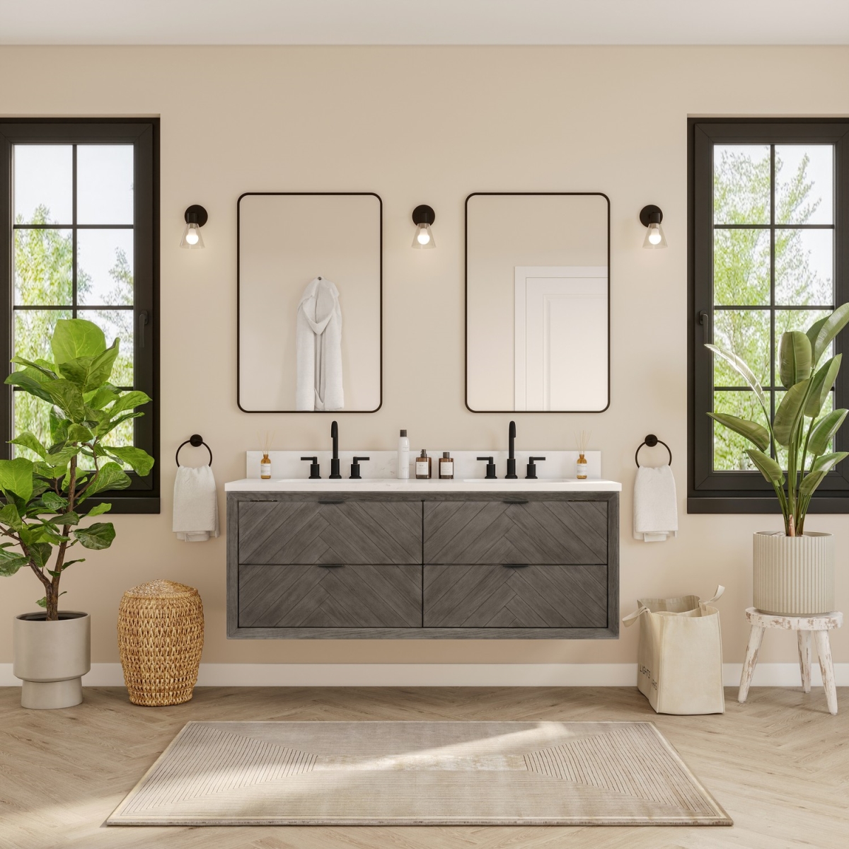 WH2660-GO 60 x 35 in. Sink Vanity with Gray Oak & 1 in. Thick White Artificial Stone Top