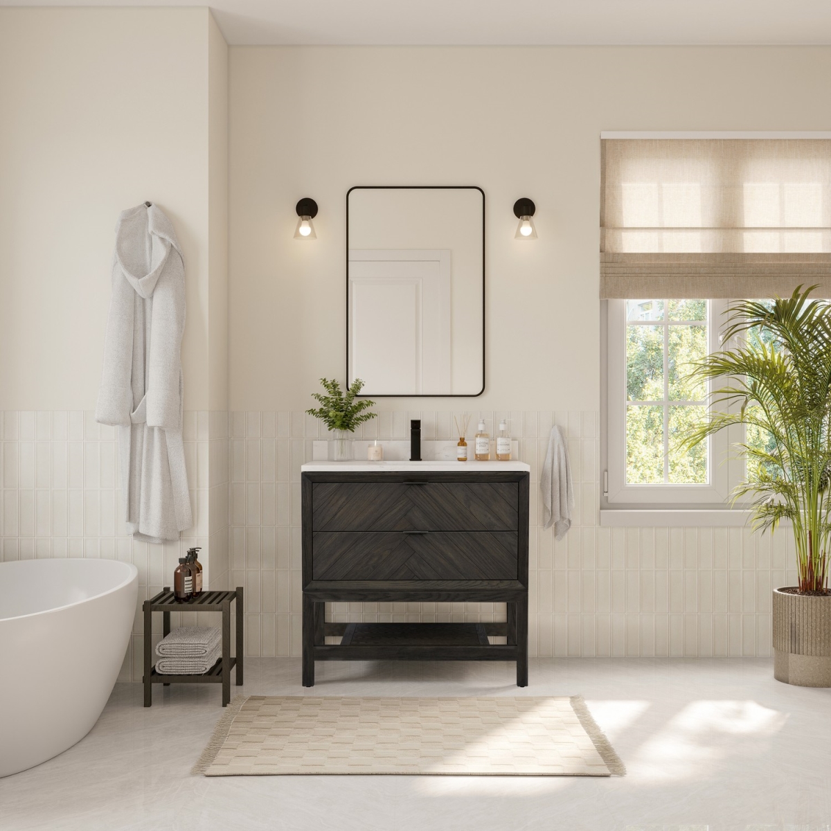 WH2736-BO-KD 36 x 22 in. Sink Vanity - 1 in. Thick White Artificial Stone Top - Brown Oak