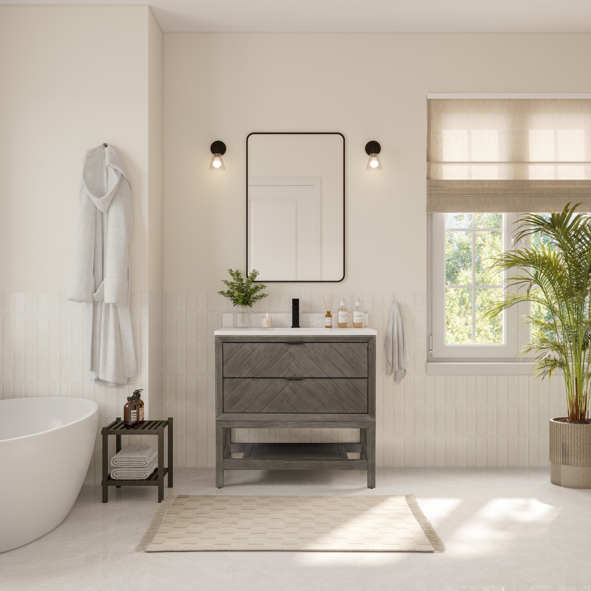 WH2736-GO-KD 36 x 35 in. Sink Vanity with Gray Oak & 1 in. Thick White Artificial Stone Top - 2 Drawers