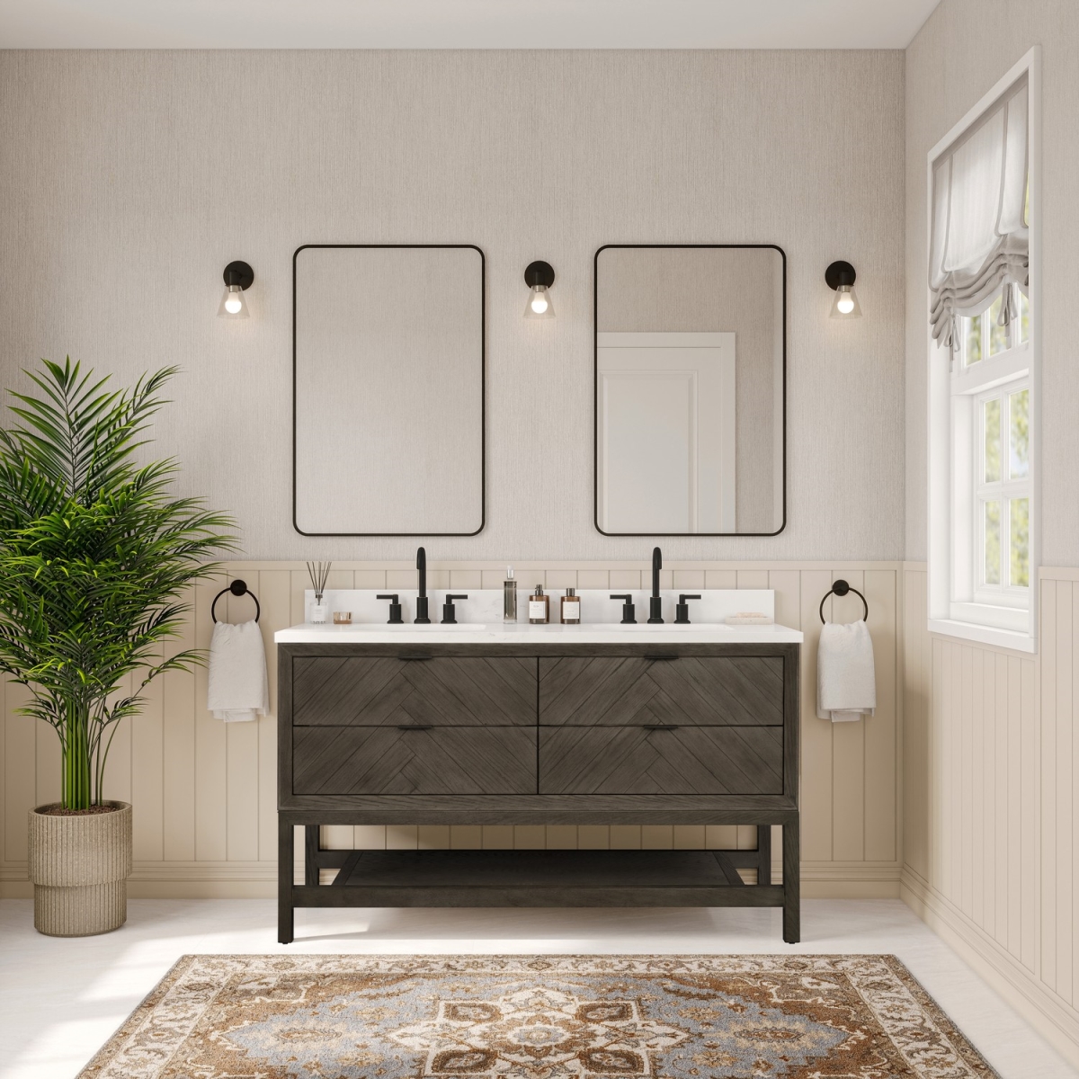 WH2760-GO-KD 60 in. Sink Vanity with Gray Oak & 1 in. Thick White Artificial Stone Top - 4 Drawers