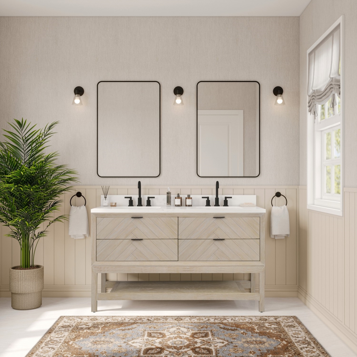 WH2760-WO-KD 60 in. Sink Vanity with Whitewashed Oak & 1 in. Thick White Artificial Stone Top - 4 Drawers