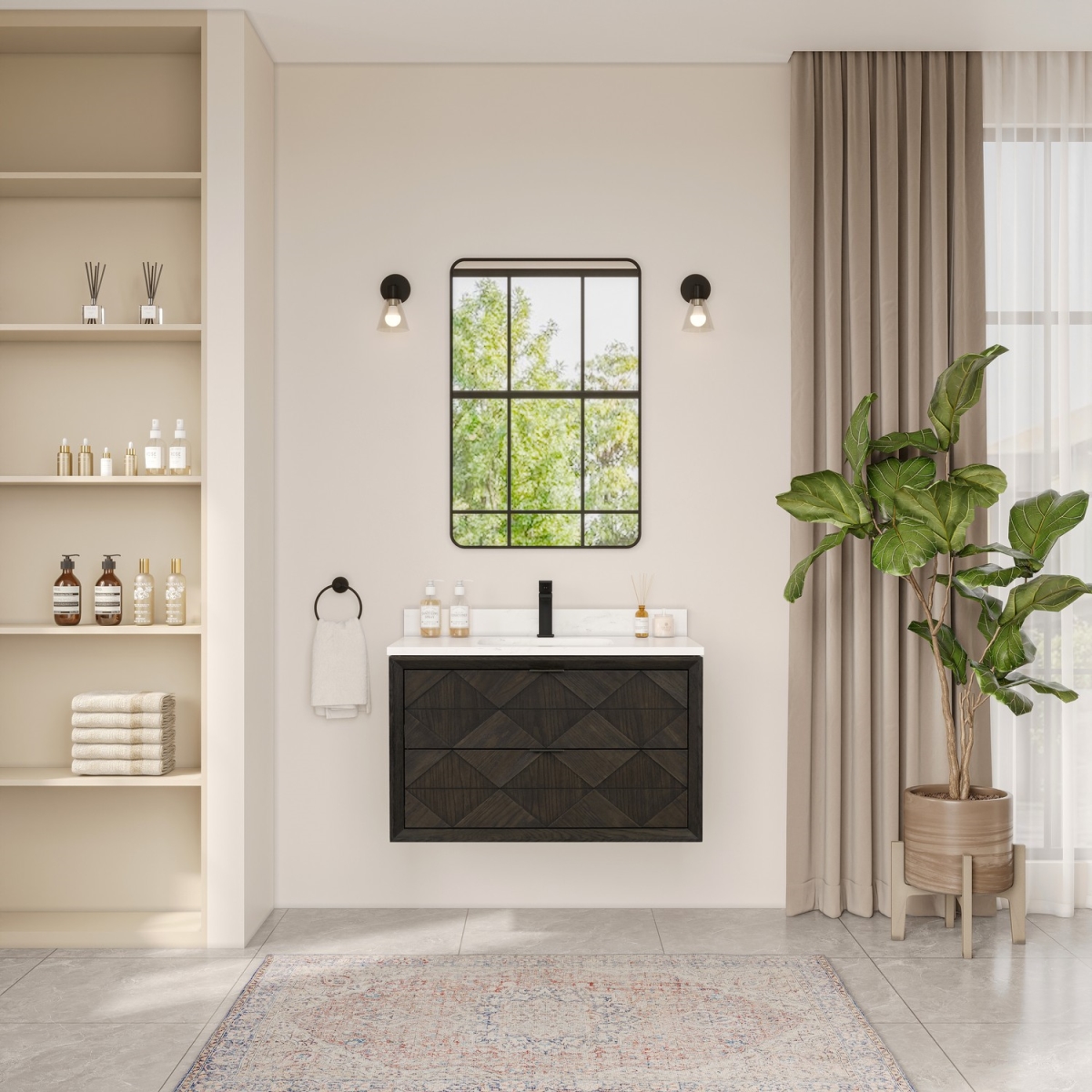 WH2836-BO 36 in. Sink Vanity with Brown Oak & 1 in. Thick White Artificial Stone Top