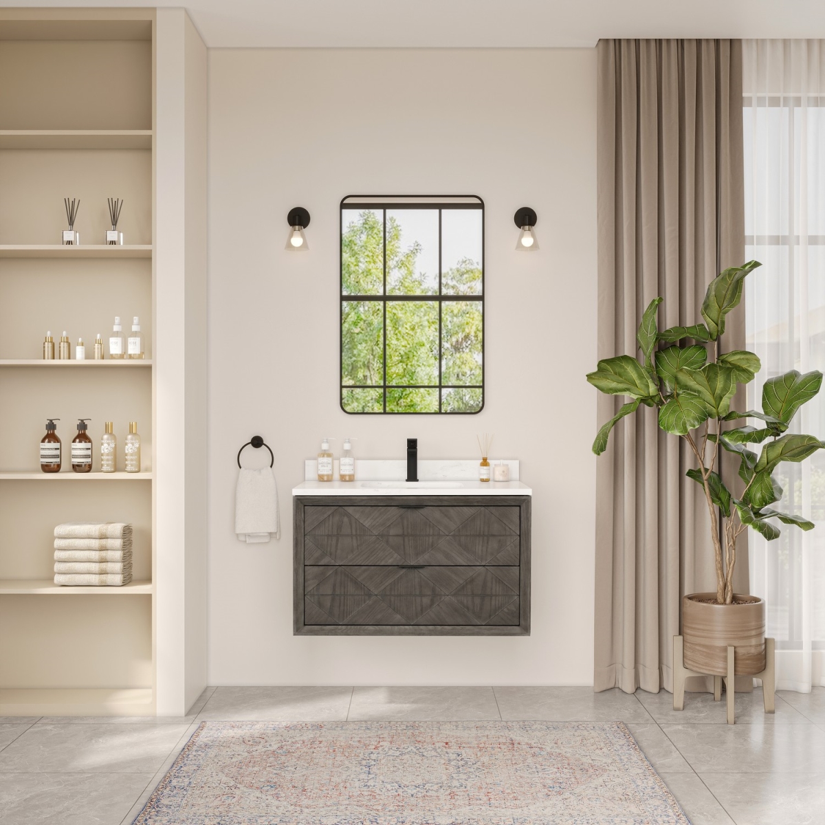 WH2836-GO 36 in. Sink Vanity with Gray Oak & 1 in. Thick White Artificial Stone Top