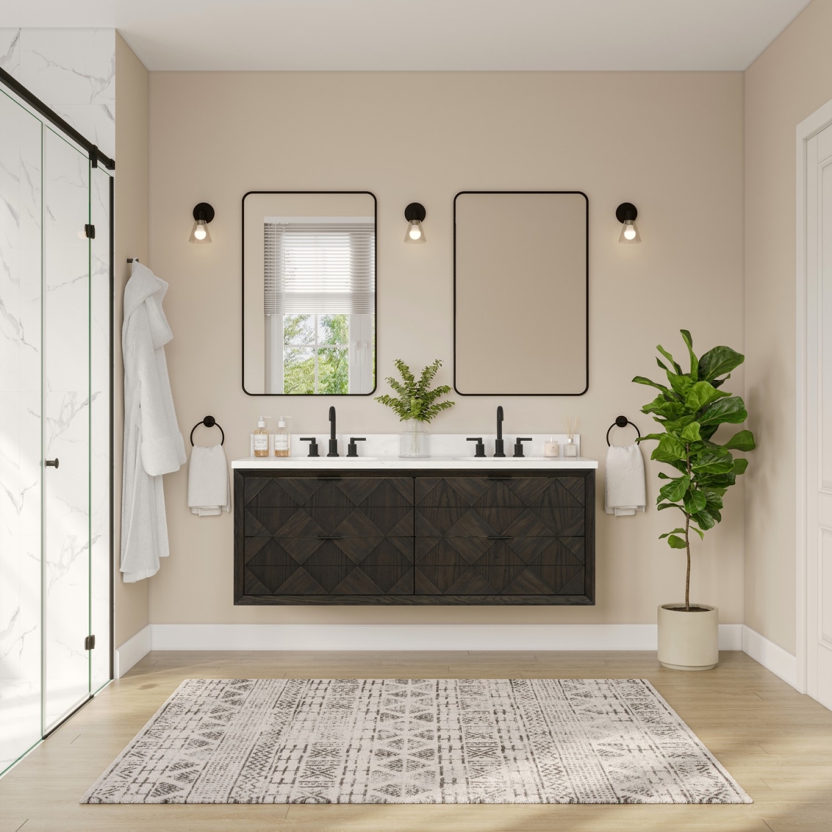 WH2860-BO 60 in. Sink Vanity with Brown Oak & 1 in. Thick White Artificial Stone Top