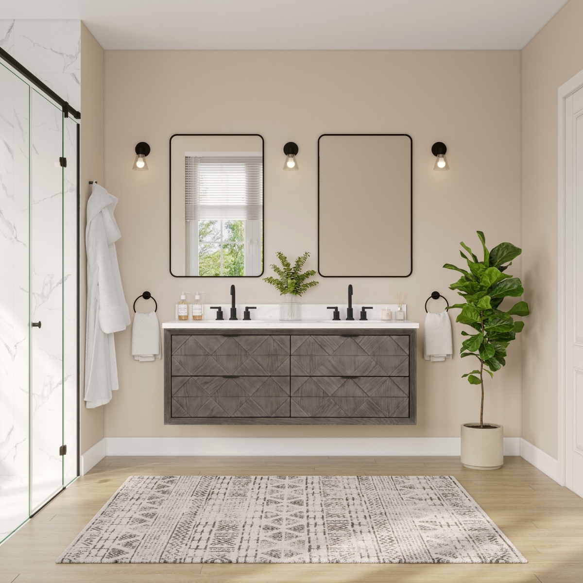 WH2860-GO 60 in. Sink Vanity with Gray Oak & 1 in. Thick White Artificial Stone Top