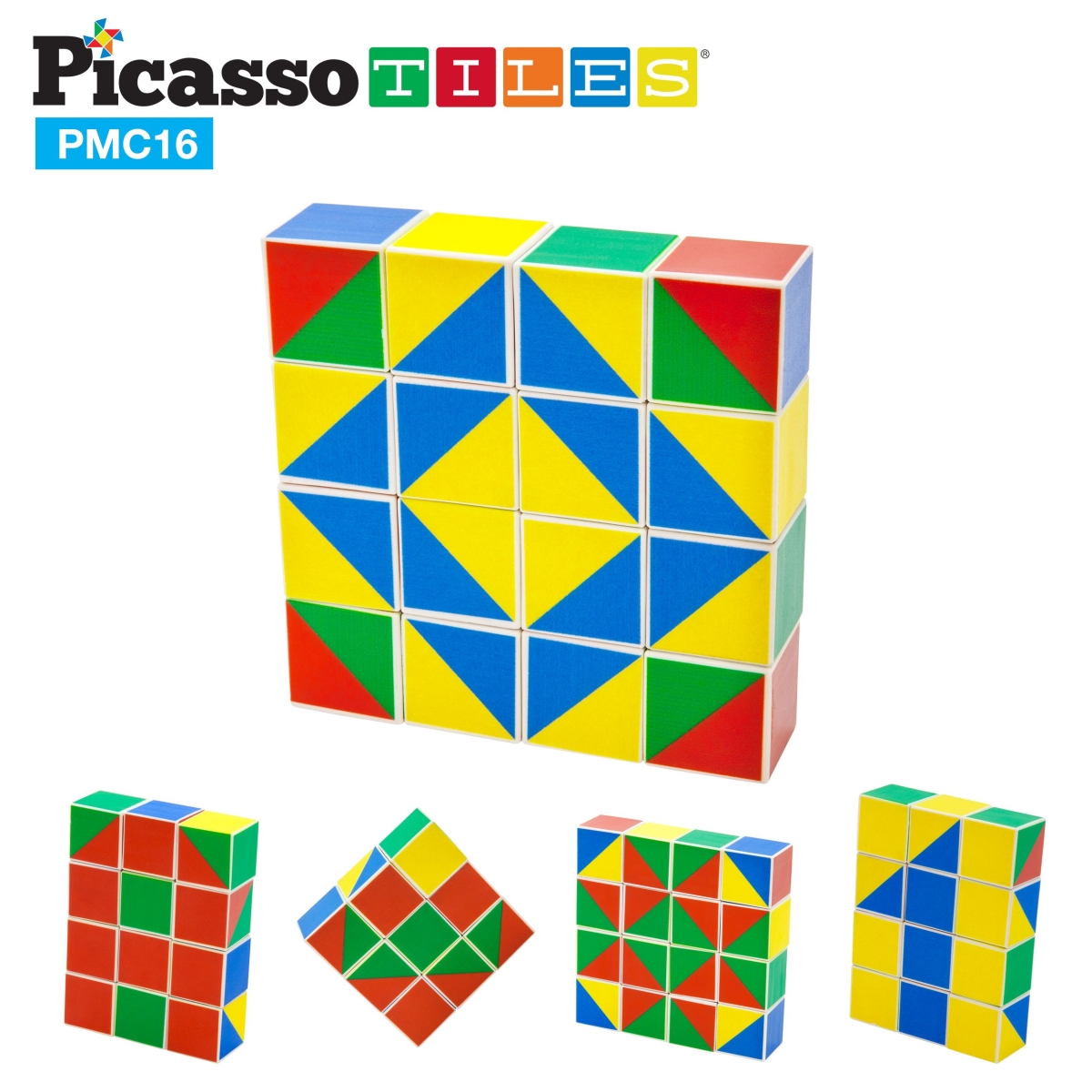 Picture of Picasso Tiles PMC16 Mix and Match 16 Piece Magnetic Puzzle Cube Set Geometry Patterns