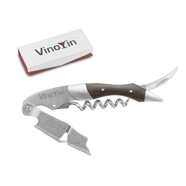 Picture of Vinoyin VY7040 Stainless Steel with Ebony Wood Inlay 3-in-1 Waiters Corkscrew
